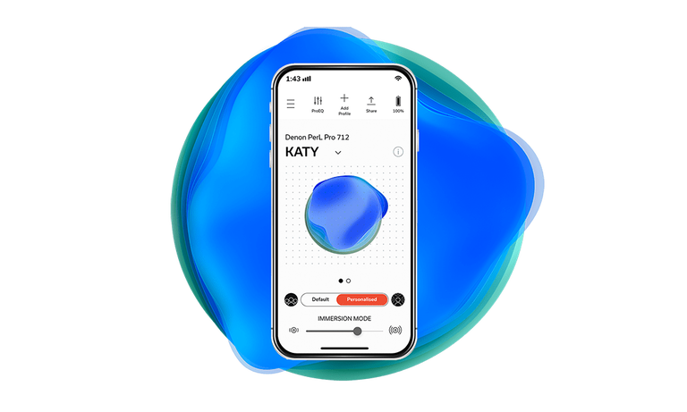 Phone with Denon app and Katy Perry's personal sound profile